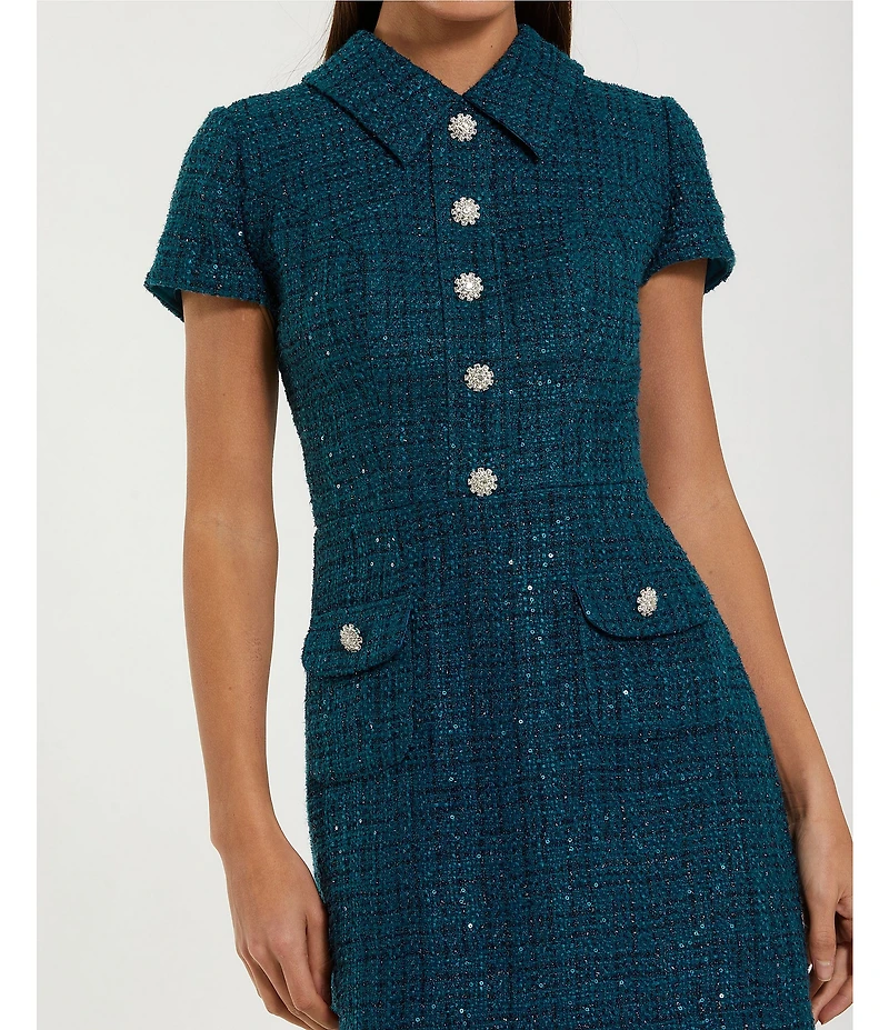 Mac Duggal Cap Sleeve Collared Boucle Button Up Dress