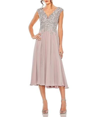 Mac Duggal Cap Sleeve Embellished A Line Midi Dress