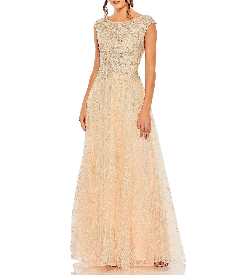 Mac Duggal Cap Sleeve Embellished Lace Embroidered Detail A-Line Gown