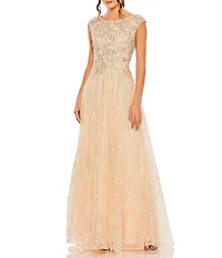 Mac Duggal Cap Sleeve Embellished Lace Embroidered Detail A-Line Gown