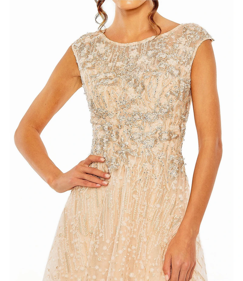 Mac Duggal Cap Sleeve Embellished Lace Embroidered Detail A-Line Gown