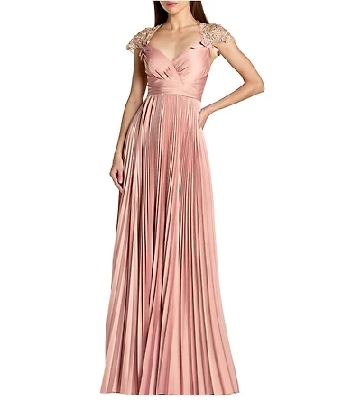 Mac Duggal Cap Sleeve Pleated Charmeuse Embellished Gown