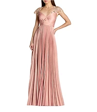 Mac Duggal Cap Sleeve Pleated Charmeuse Embellished Gown