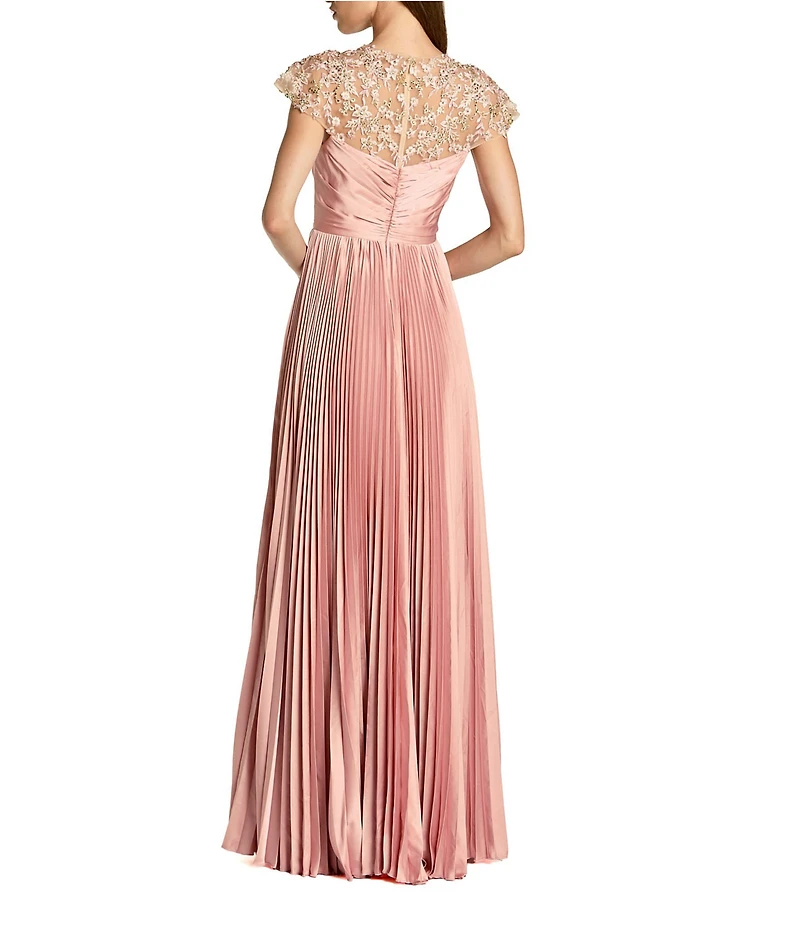 Mac Duggal Cap Sleeve Pleated Charmeuse Embellished Gown