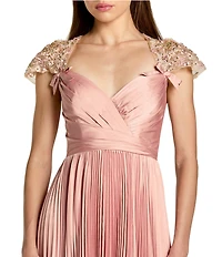 Mac Duggal Cap Sleeve Pleated Charmeuse Embellished Gown