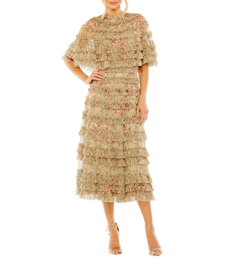 Mac Duggal Capelet Floral Print Micro Ruffle Midi Dress