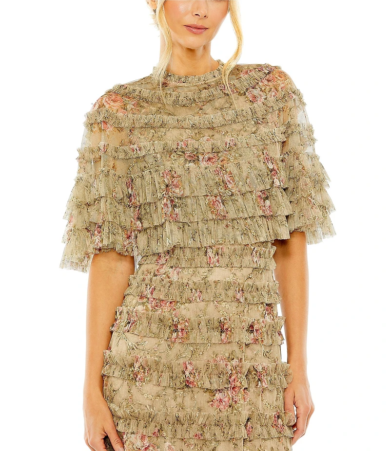 Mac Duggal Capelet Floral Print Micro Ruffle Midi Dress