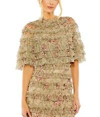 Mac Duggal Capelet Floral Print Micro Ruffle Midi Dress