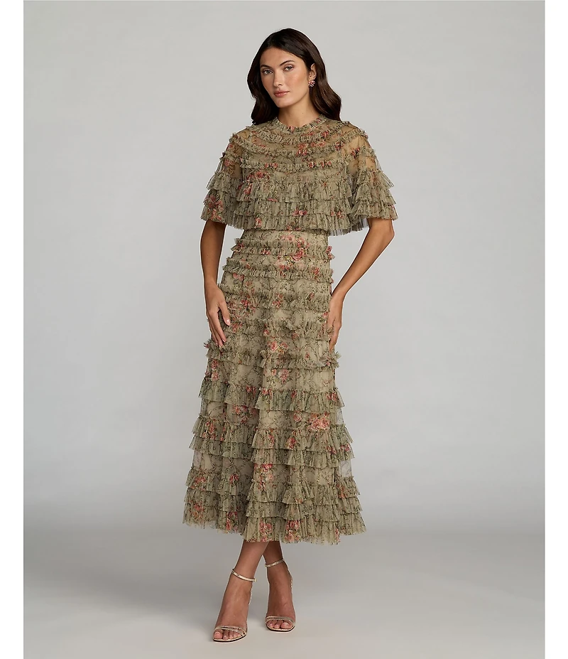 Mac Duggal Capelet Floral Print Micro Ruffle Midi Dress