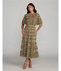 Mac Duggal Capelet Floral Print Micro Ruffle Midi Dress