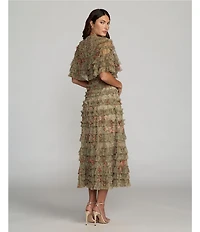 Mac Duggal Capelet Floral Print Micro Ruffle Midi Dress