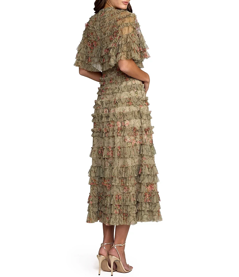 Mac Duggal Capelet Floral Print Micro Ruffle Midi Dress