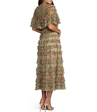 Mac Duggal Capelet Floral Print Micro Ruffle Midi Dress