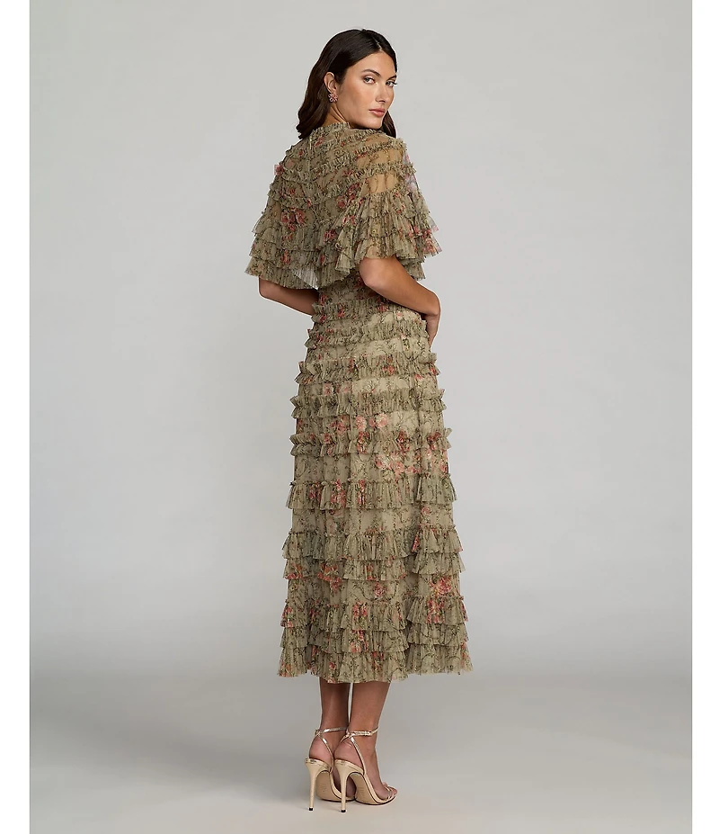 Mac Duggal Capelet Floral Print Micro Ruffle Midi Dress