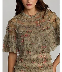 Mac Duggal Capelet Floral Print Micro Ruffle Midi Dress