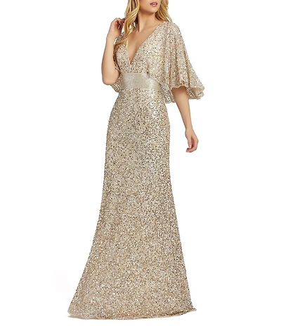 Mac Duggal Capelet Short Sleeve Deep V-Neck Beaded Sheath Gown