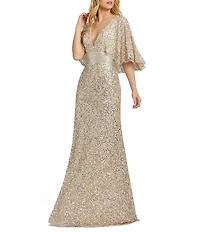 Mac Duggal Capelet Short Sleeve Deep V-Neck Beaded Sheath Gown