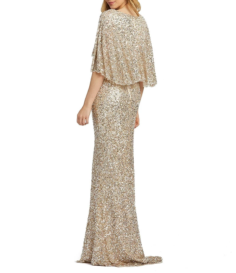 Mac Duggal Capelet Short Sleeve Deep V-Neck Beaded Sheath Gown