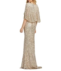 Mac Duggal Capelet Short Sleeve Deep V-Neck Beaded Sheath Gown