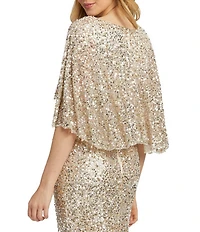 Mac Duggal Capelet Short Sleeve Deep V-Neck Beaded Sheath Gown