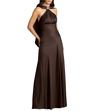 Mac Duggal Charmeuse Halter Back Cowl Gown