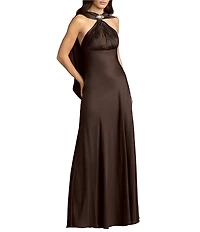 Mac Duggal Charmeuse Halter Back Cowl Gown