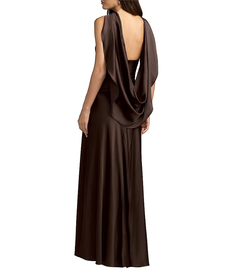 Mac Duggal Charmeuse Halter Back Cowl Gown