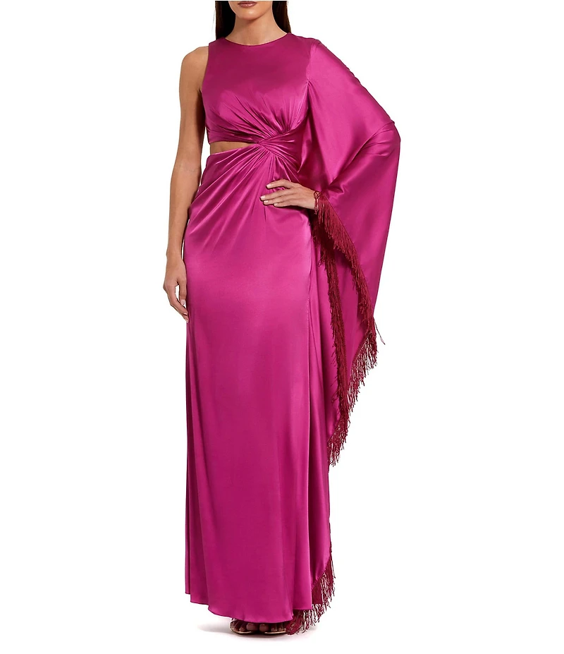 Mac Duggal Charmeuse Kaftan Sleeve Asymmetrical Fringe Gown
