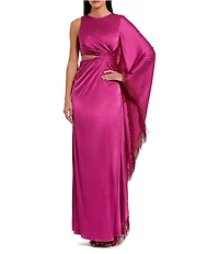 Mac Duggal Charmeuse Kaftan Sleeve Asymmetrical Fringe Gown