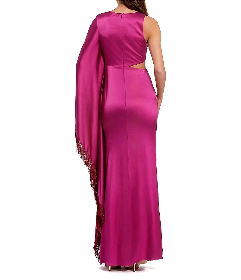 Mac Duggal Charmeuse Kaftan Sleeve Asymmetrical Fringe Gown
