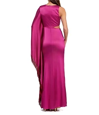Mac Duggal Charmeuse Kaftan Sleeve Asymmetrical Fringe Gown