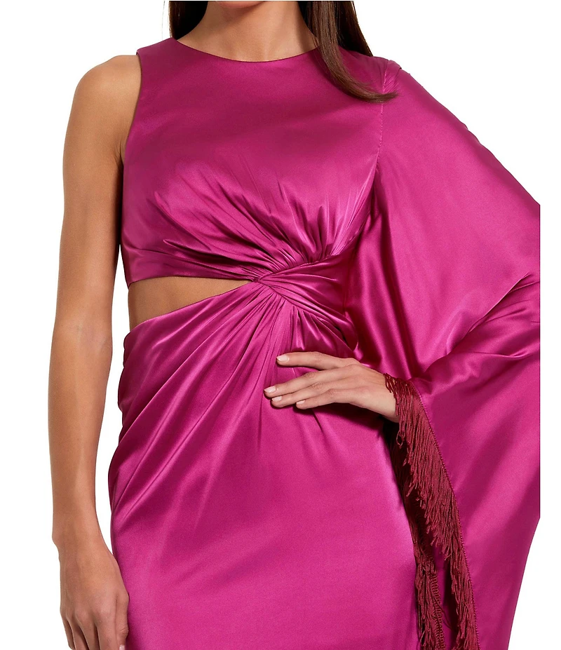 Mac Duggal Charmeuse Kaftan Sleeve Asymmetrical Fringe Gown