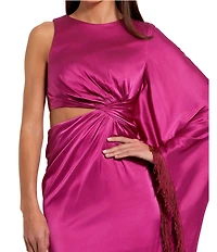 Mac Duggal Charmeuse Kaftan Sleeve Asymmetrical Fringe Gown