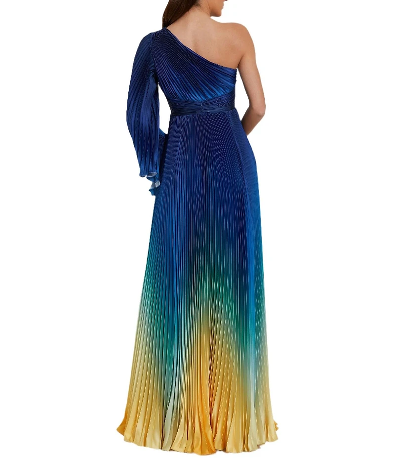 Mac Duggal Charmeuse Ombre Print One Shoulder Neck One Long Sleeve Pleated Gown