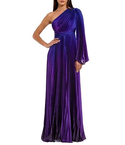 Mac Duggal Charmeuse Ombre Print One Shoulder Neck One Long Sleeve Pleated Gown