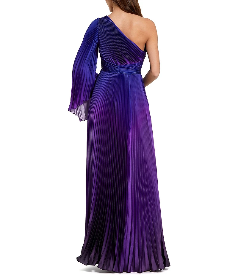 Mac Duggal Charmeuse Ombre Print One Shoulder Neck One Long Sleeve Pleated Gown