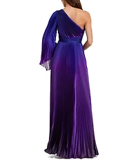 Mac Duggal Charmeuse Ombre Print One Shoulder Neck One Long Sleeve Pleated Gown