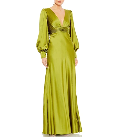 Mac Duggal Charmeuse V-Neck Long Bishop Sleeve Gown