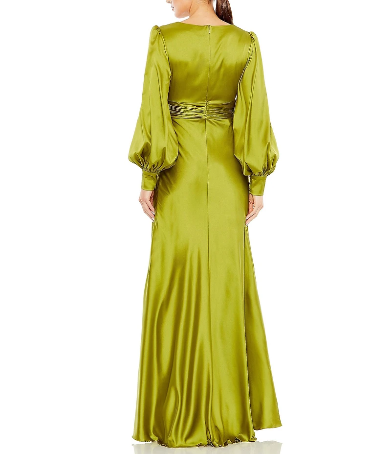 Mac Duggal Charmeuse V-Neck Long Bishop Sleeve Gown