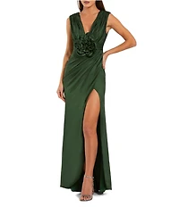 Mac Duggal Charmeuse V Neck Sleeveless Gown With 3D Flower