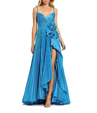 Mac Duggal Charmeuse V-Neck Sleeveless Pleated Floral Applique Side Slit Gown