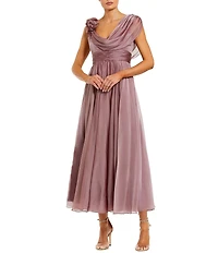 Mac Duggal Chiffon Cowl Neck Long Dress With 3D Flowers