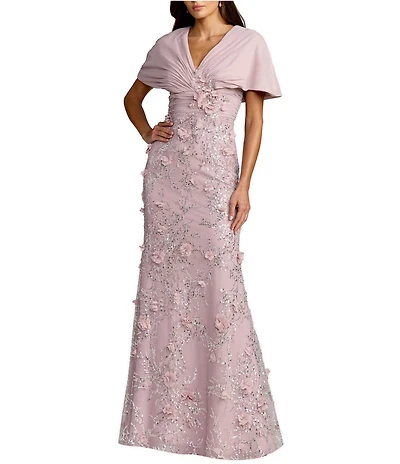 Mac Duggal Chiffon Faux Wrap Dress Beaded Skirt Column Gown