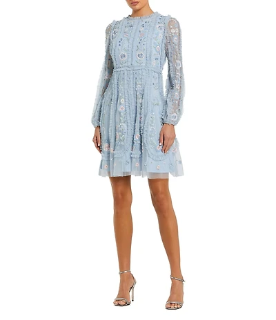 Mac Duggal Chiffon Floral Mesh Long Puff Sleeve Mock Neck A-Line Dress