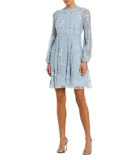 Mac Duggal Chiffon Floral Mesh Long Puff Sleeve Mock Neck A-Line Dress