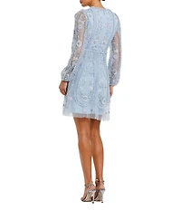 Mac Duggal Chiffon Floral Mesh Long Puff Sleeve Mock Neck A-Line Dress