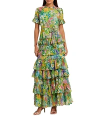 Mac Duggal Chiffon Floral Print Crew Neck Short Sleeve Ruffle Waist Tie Gown