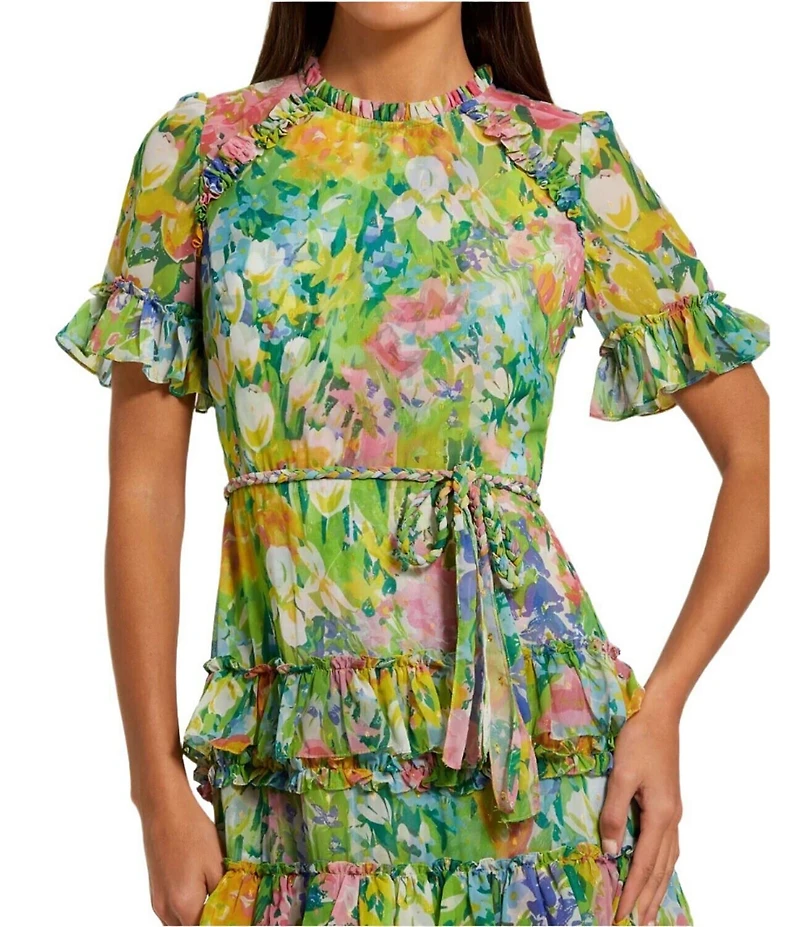 Mac Duggal Chiffon Floral Print Crew Neck Short Sleeve Ruffle Waist Tie Gown