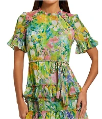 Mac Duggal Chiffon Floral Print Crew Neck Short Sleeve Ruffle Waist Tie Gown