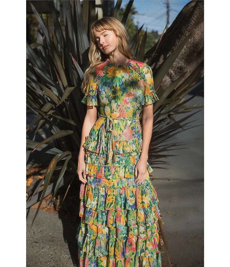 Mac Duggal Chiffon Floral Print Crew Neck Short Sleeve Ruffle Waist Tie Gown